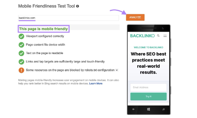 Mobile friendliness test tool